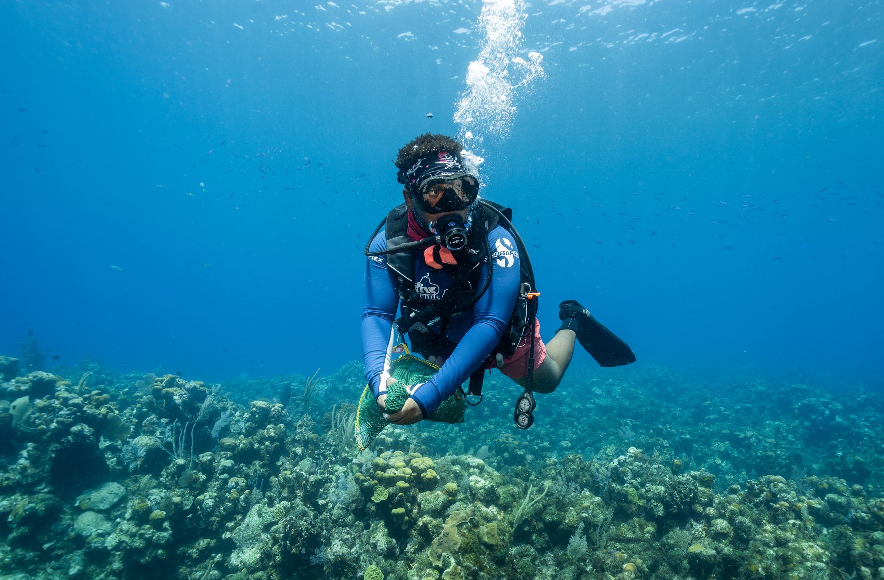 Diver in clear blue water